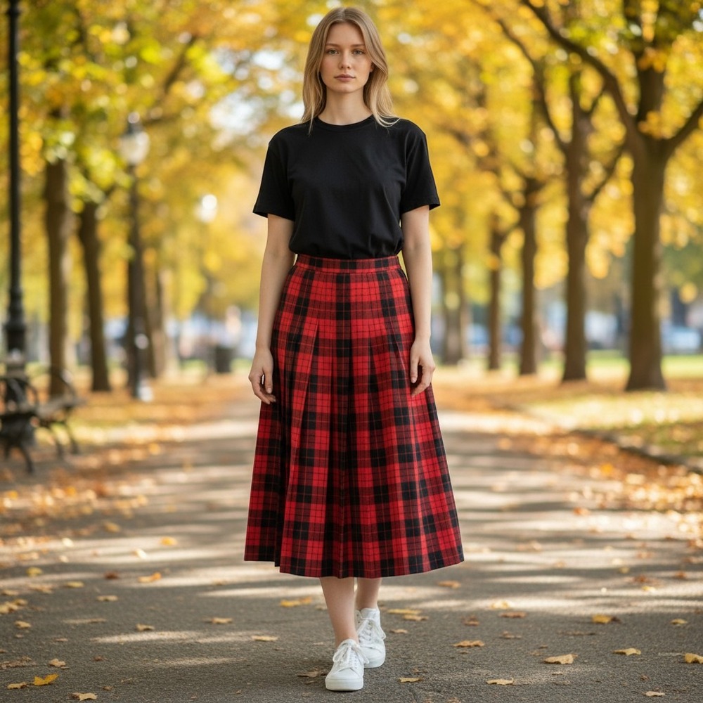 JH Collectibles Plaid Skirt Wms 12 Red Black Wool Pleated Midi Vintage Academia